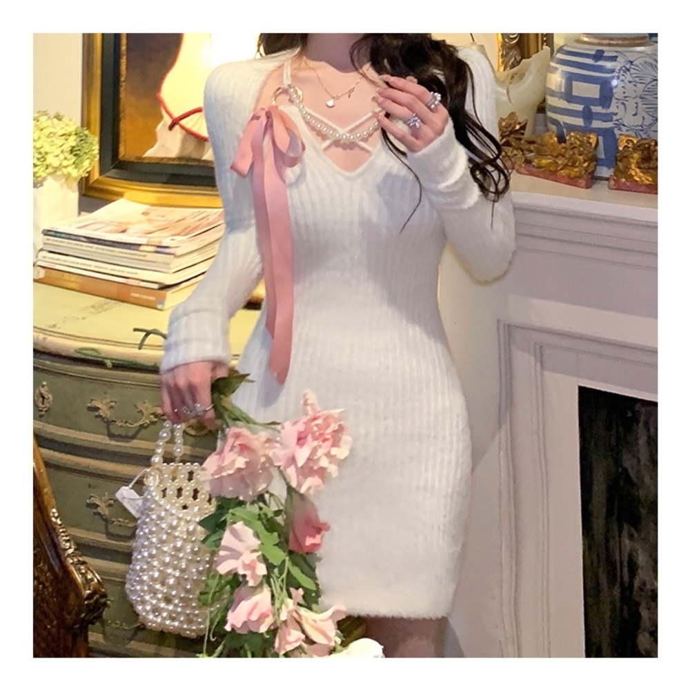 New sweet sexy mink long sleeve bodycon White Pretty dress for girls/women